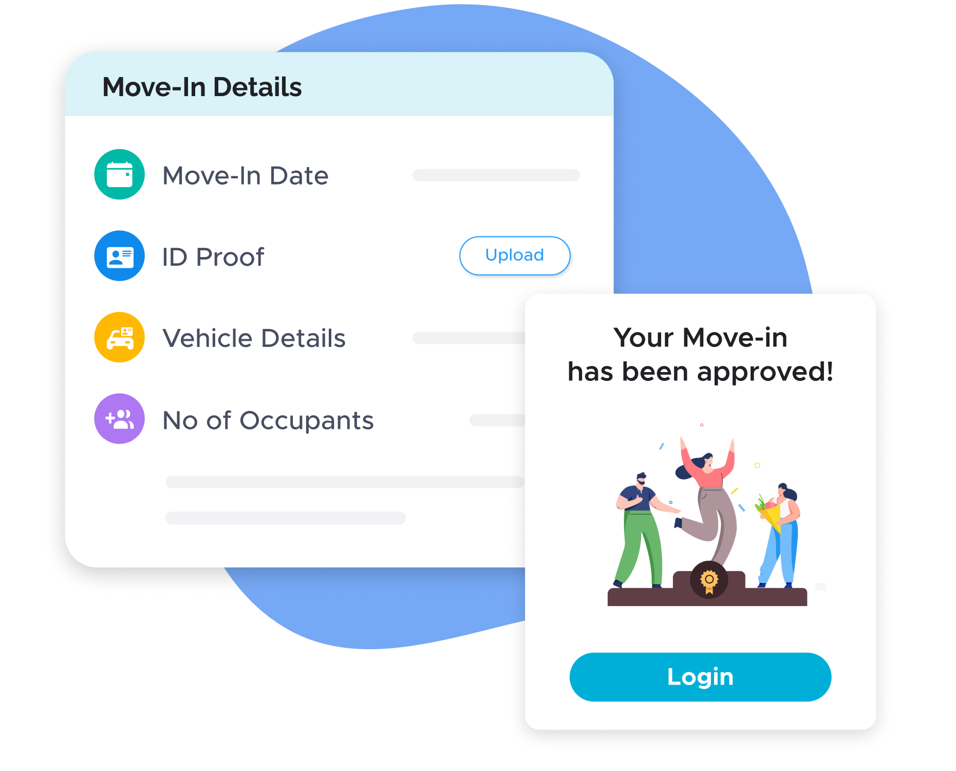 App-based move-in form mockup showing Move-In Details and approval