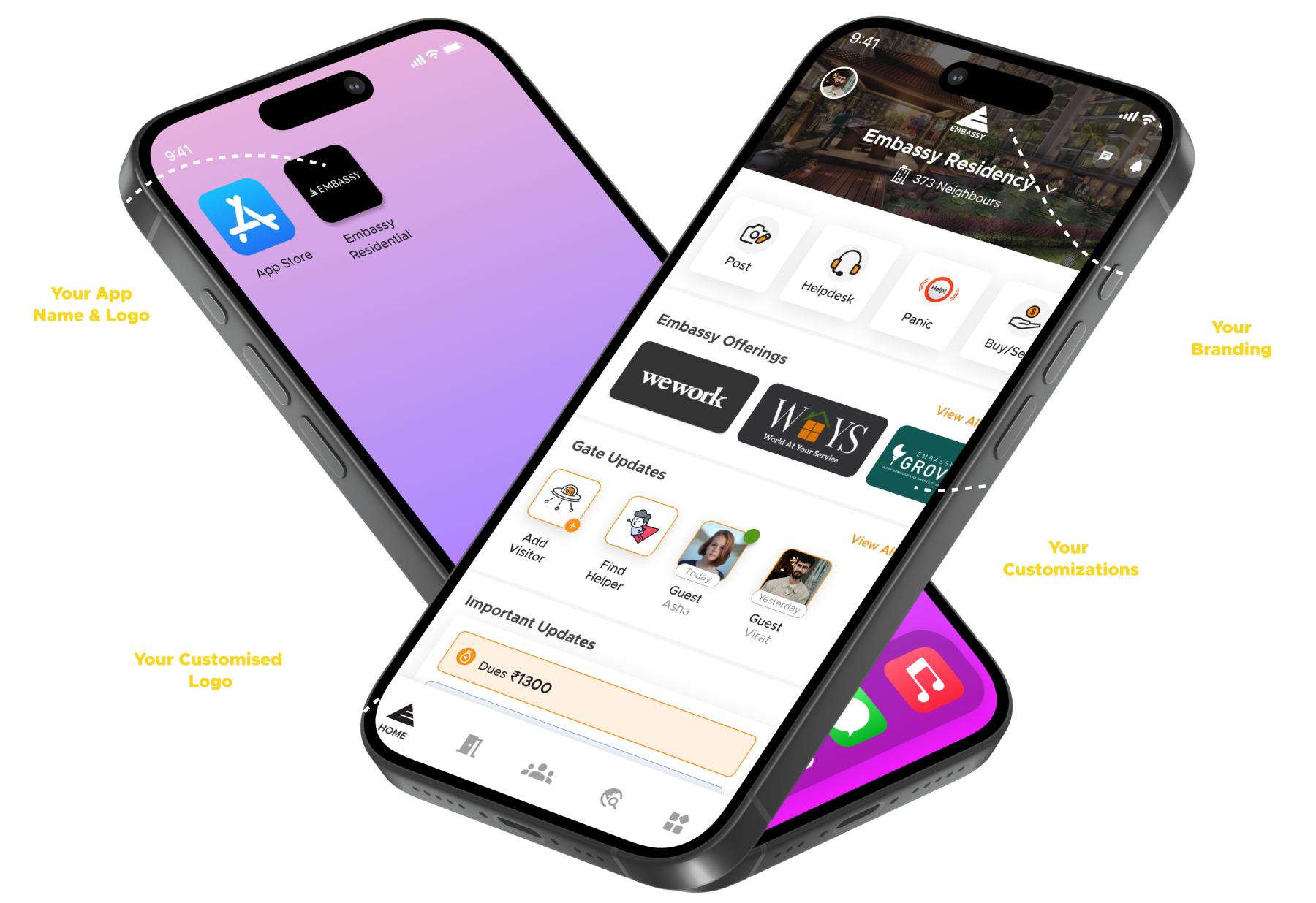 Two branded community resident apps powered by ADDA, showing custom app name, logo, branding and customizations