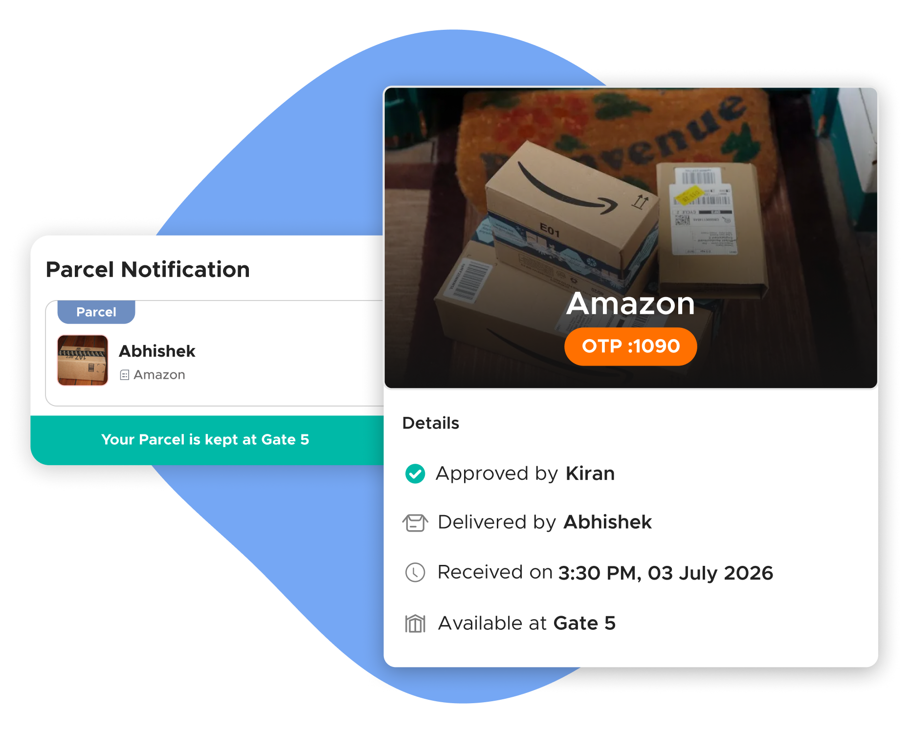 Resident's phone showing parcel arrival notification with photo, OTP, and delivery details