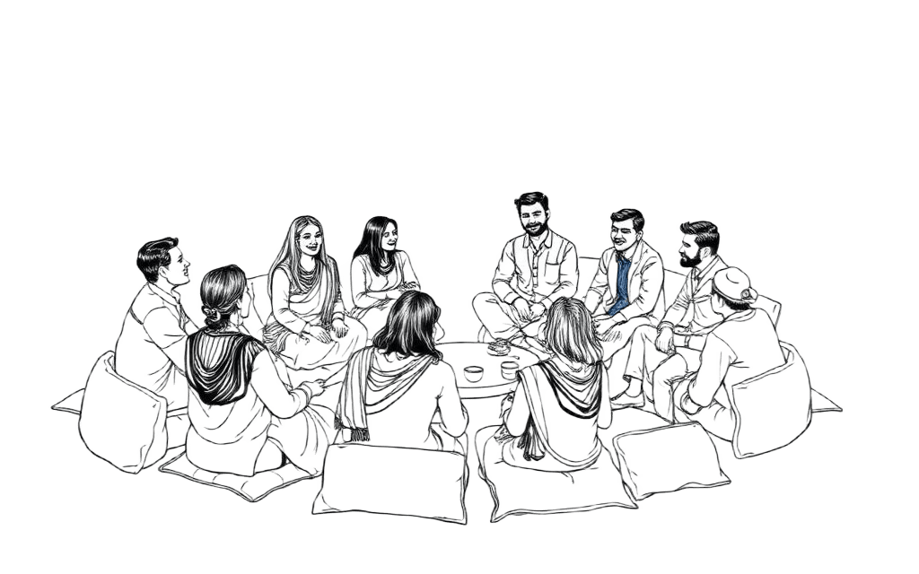 A community gathering sketch — friends sharing tea and stories