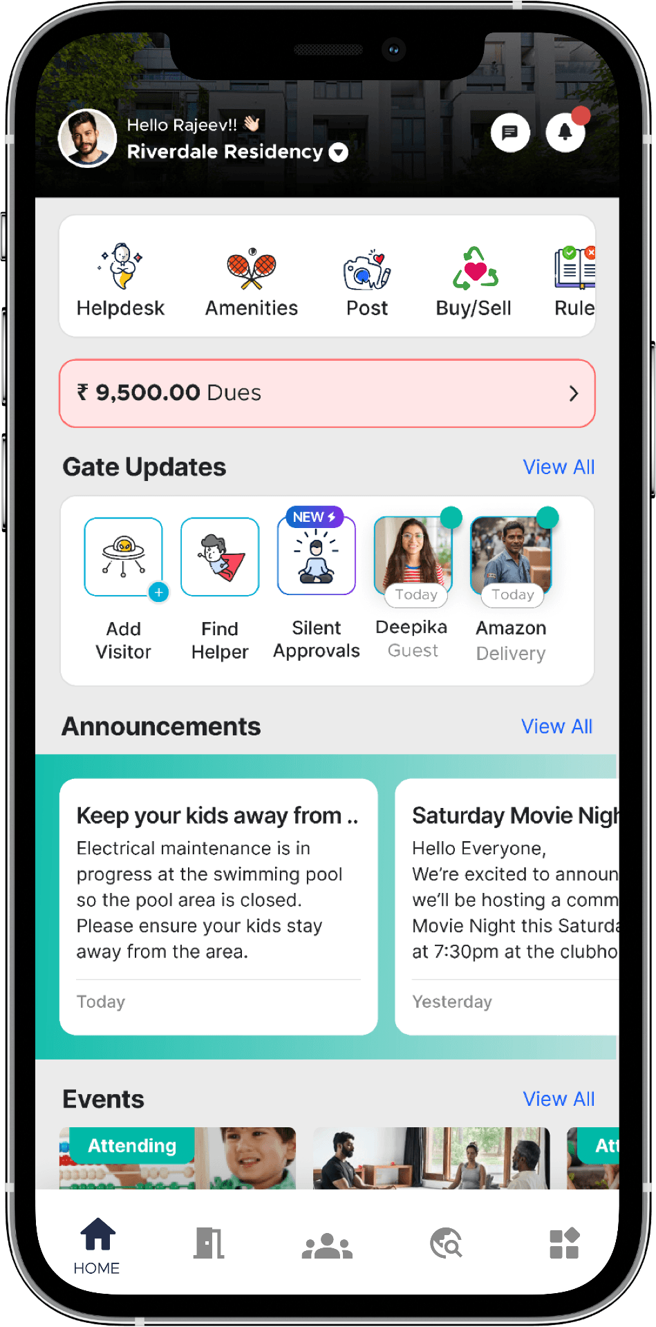 ADDA apartment management app showing resident home screen with gate updates, dues, announcements and events