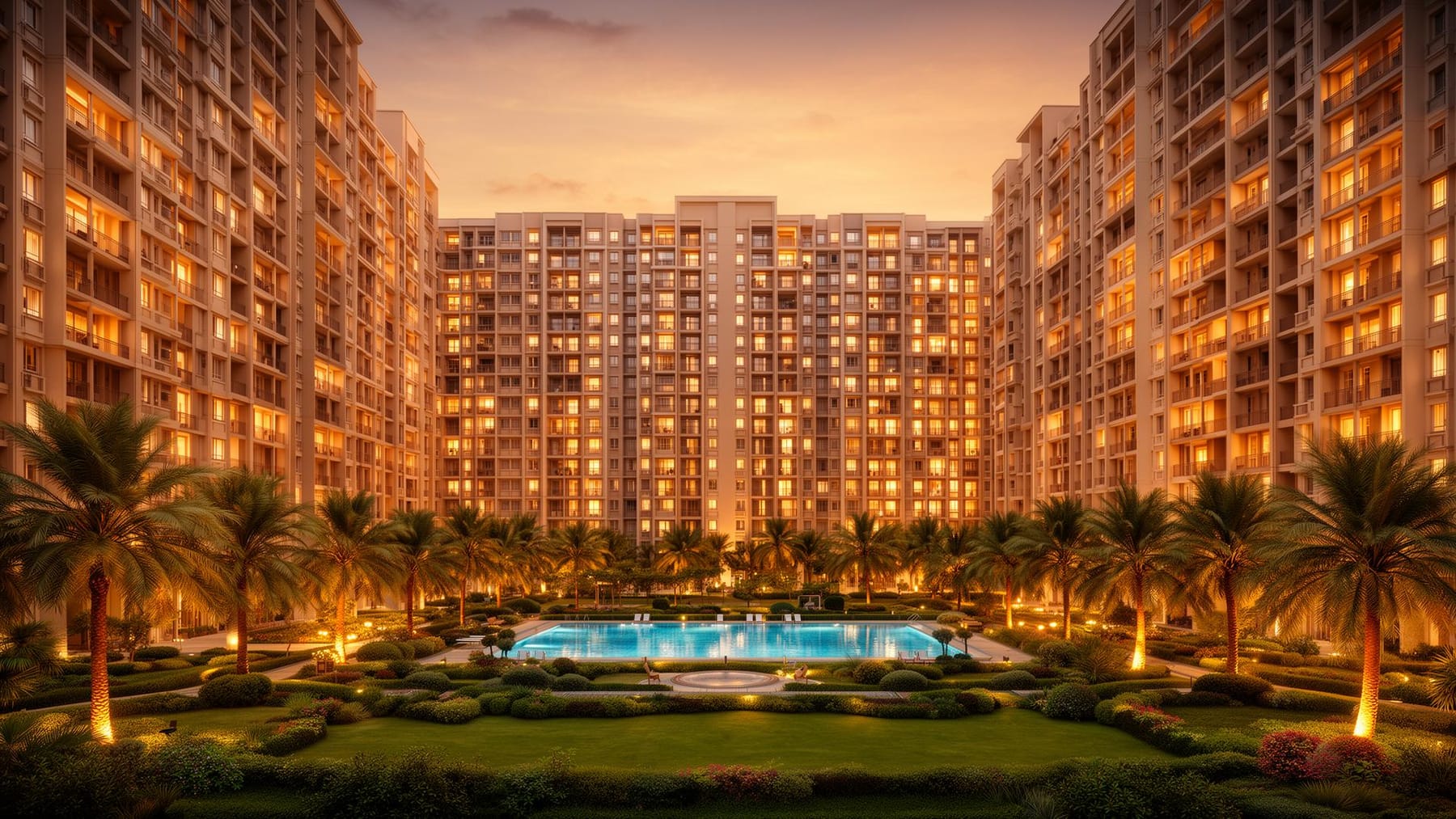 Premium Indian apartment housing community at dusk