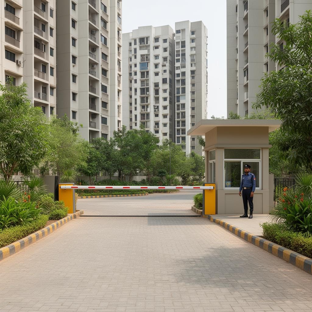 Boom barrier entrance at a gated apartment community