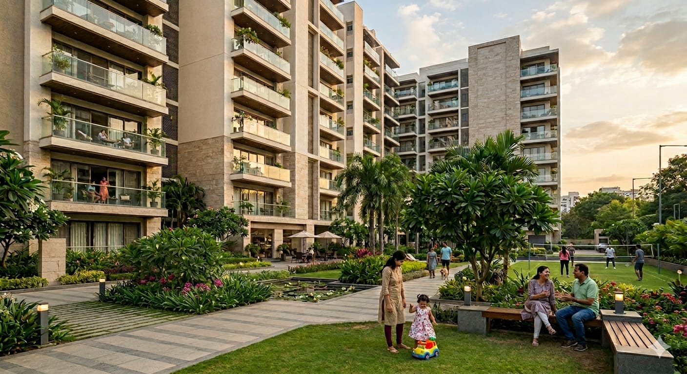 Modern Indian residential community at golden hour with families and landscaped gardens