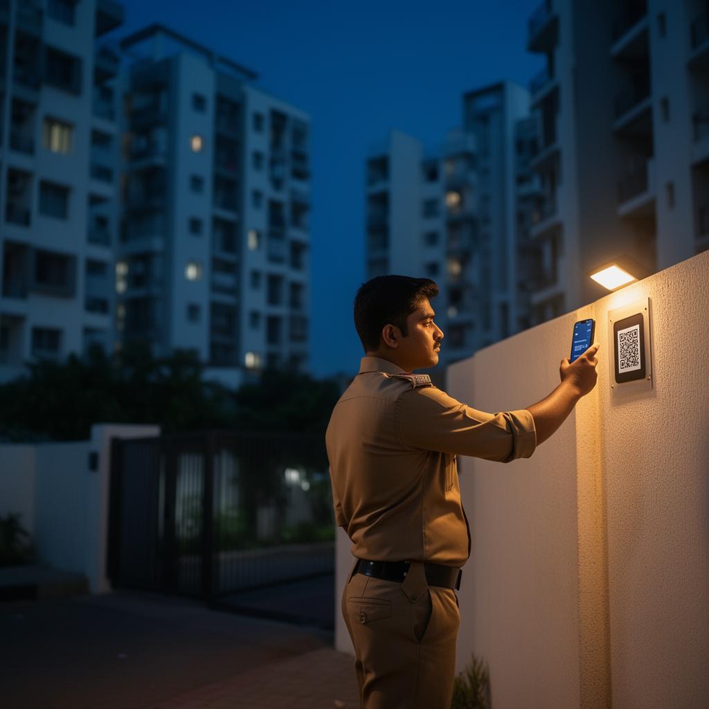 Security guard scanning QR checkpoint during night patrol in a gated community