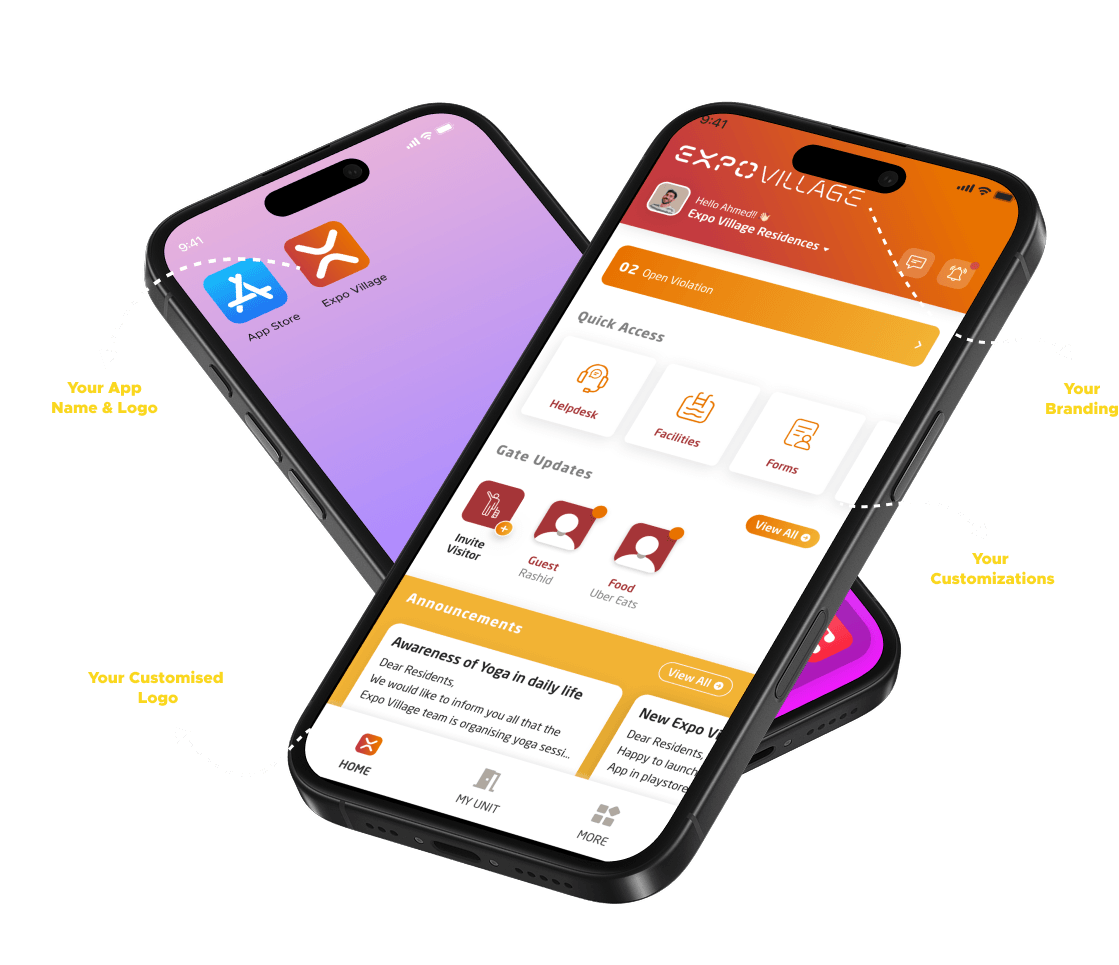 Two branded community resident apps powered by ADDA, showing custom app name, logo, branding and customizations