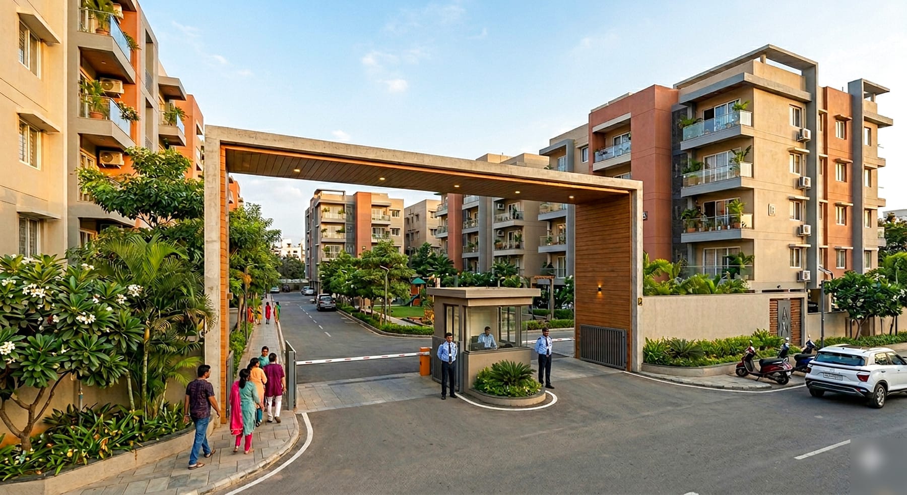 A well-managed mid-sized residential community at golden hour