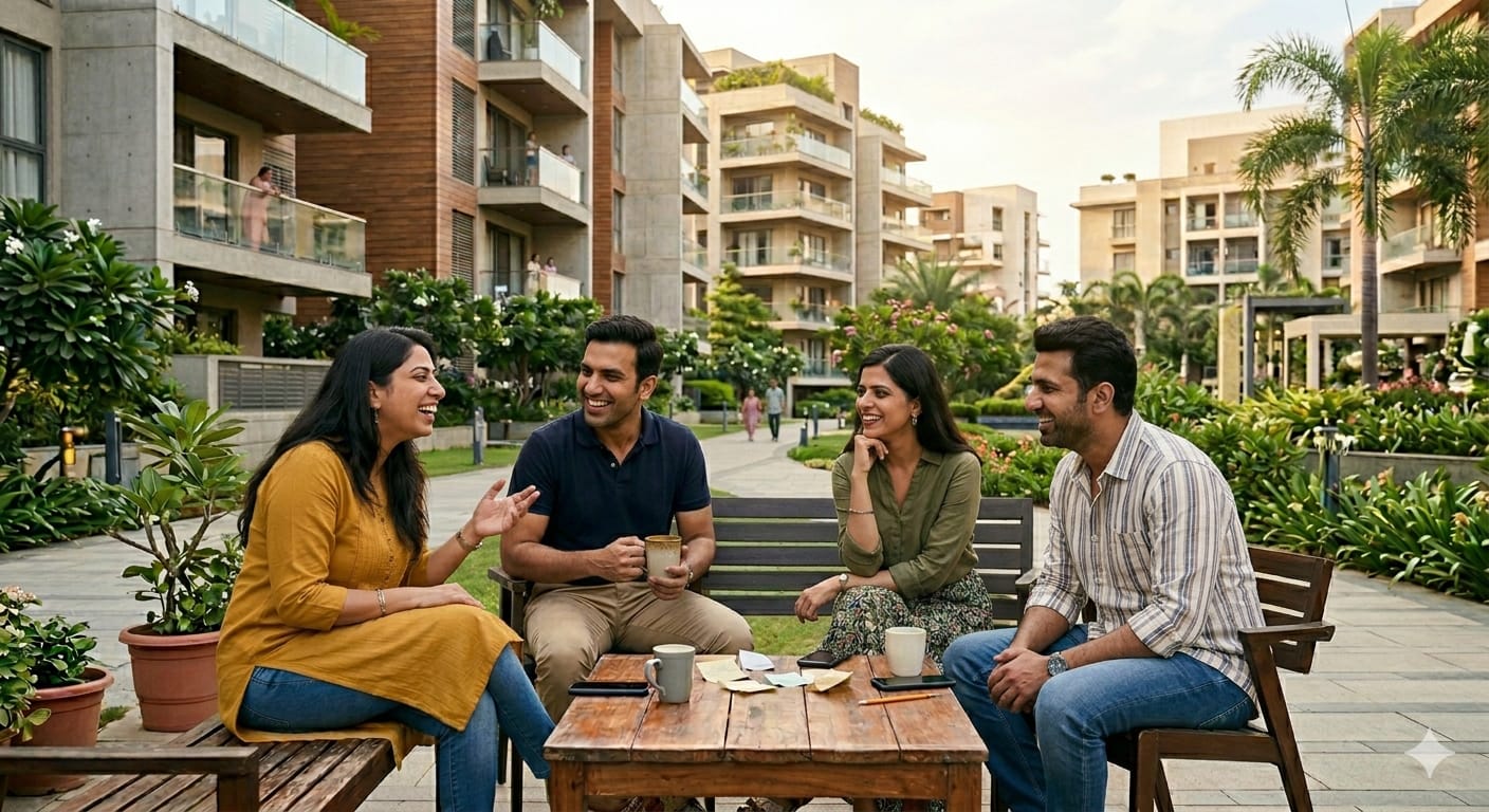 Happy ADDA community resident smiling in apartment lobby