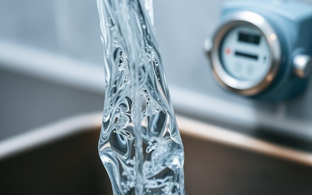 Clean water flowing with smart meter in background