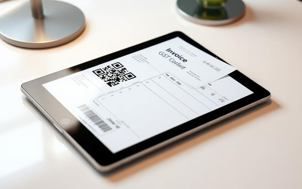 GST e-invoice with QR code on a tablet