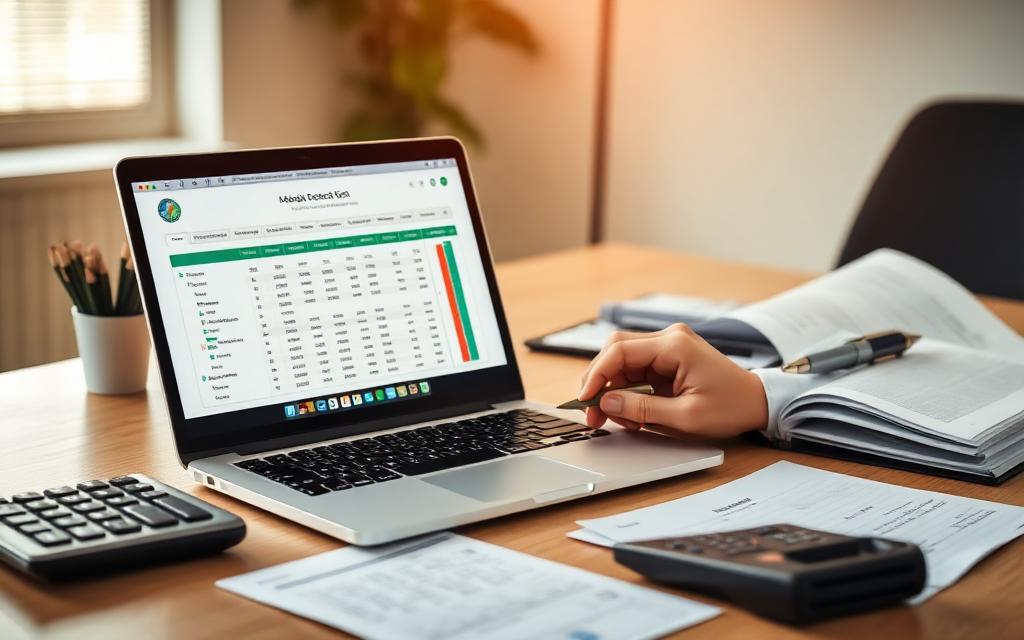 Accountant working on laptop spreadsheet