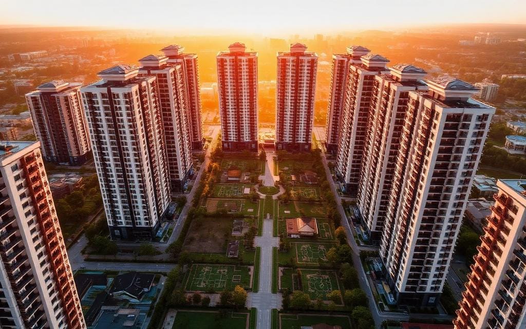 Aerial view of large residential township