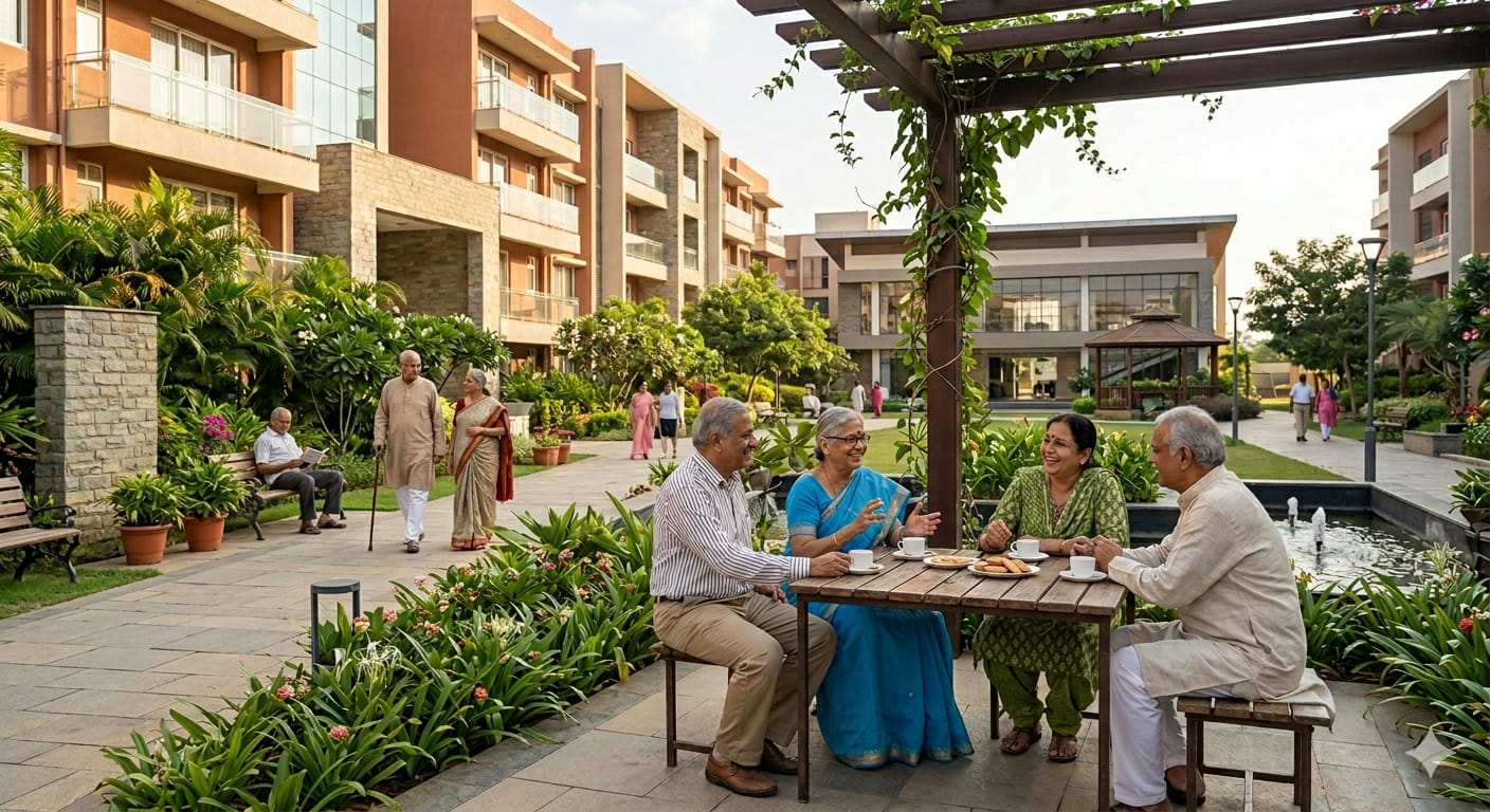Senior residents walking peacefully through a landscaped senior living community